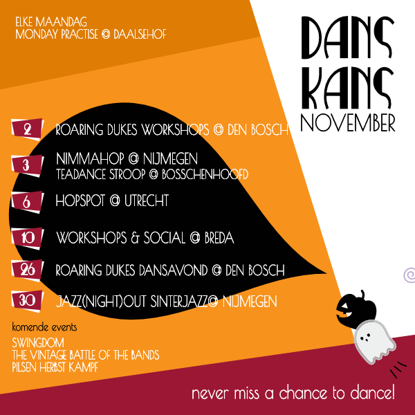 Er is veeeeel te dansen! Ben jij erbij?! Danskans November. JazzOut, Lindy Hop, live muziek en workshops. Danskansen.